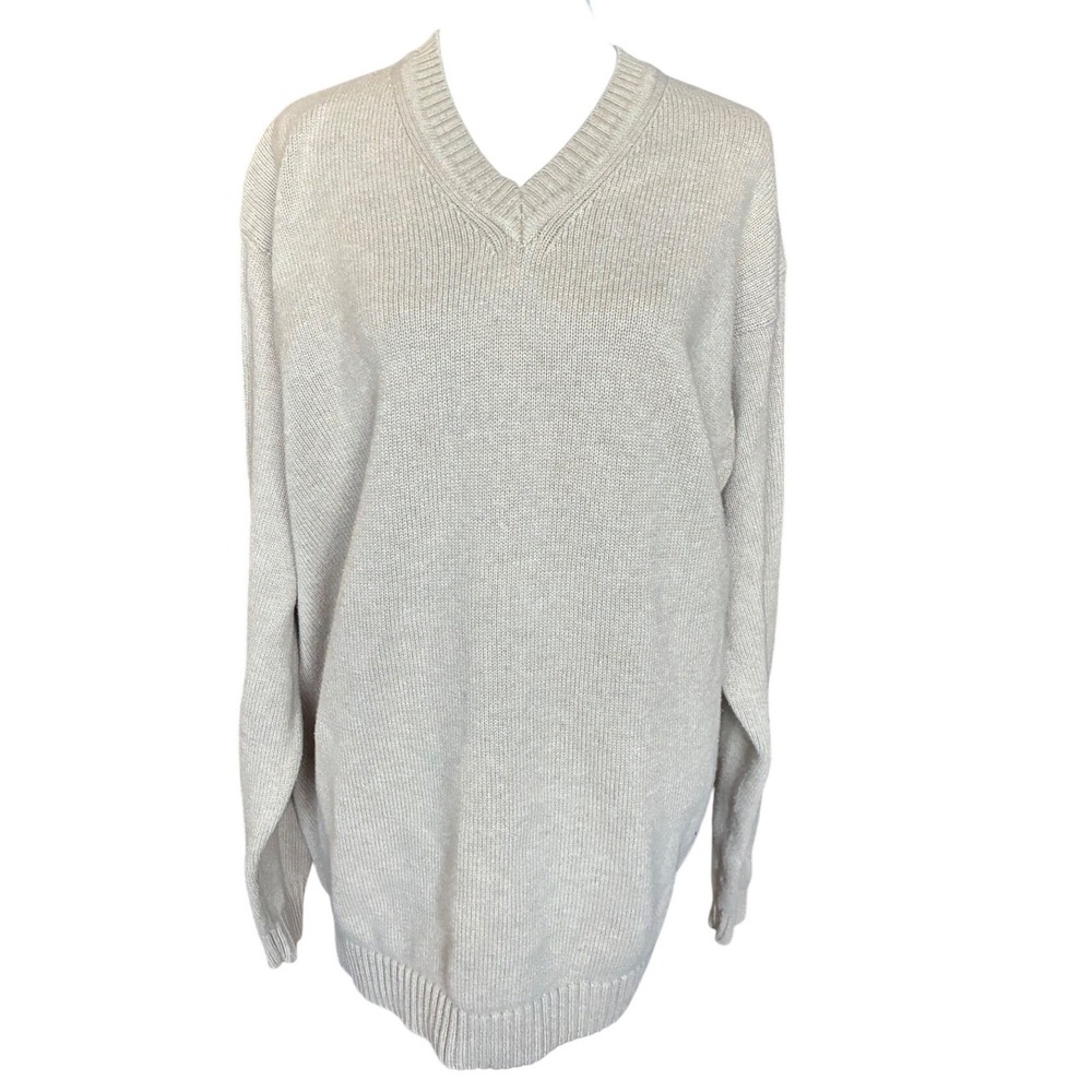 LL Bean Mens XL Tall Beige V-Neck Sweater 100% Cotton Shaker Knit 0 FW83